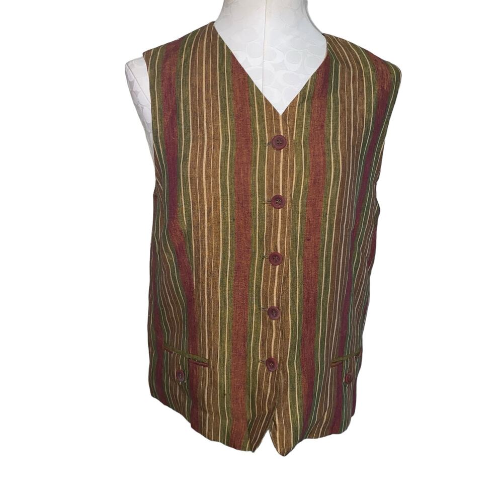 Vintage Anne Klein Linen Striped Sleeveless Button Front Vest Size 8 Petite